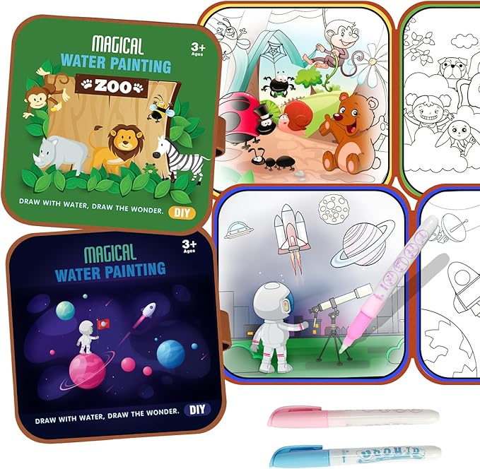 Seashang 2 Pack Reusable Water Coloring Book for Toddlers,Space & Zoo Themes Magic Water Painting Books Mess-Free Coloring Book with Water Pen for Kids Ages 3+