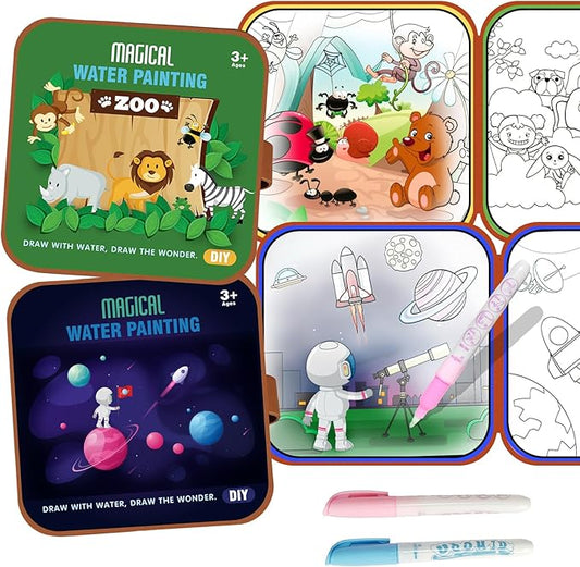 Seashang 2 Pack Reusable Water Coloring Book for Toddlers,Space & Zoo Themes Magic Water Painting Books Mess-Free Coloring Book with Water Pen for Kids Ages 3+