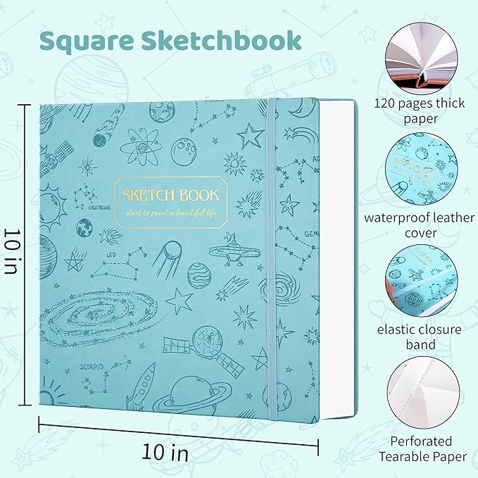 FLYING EAGLE Sketch Book for Kids 10"X 10" Large Hardcover Sketchbook for Drawing 120GSM Thick Paper, Square Art Drawing Paper 120 Pages Sketch Pad for Boys Teens,Gift Boxed, Blue