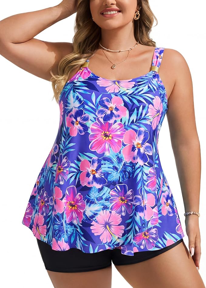 Hanna Nikole Womens Tankini Swimsuits 2 Piece Bathing Suit Flowy Ruffle Tankini Tops with Swim Shorts