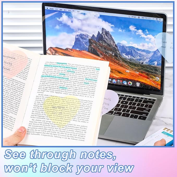 Jetec 900 Sheets Transparent Sticky Notes 18 Translucent Sticky Notes Clear See Through Memo Pad Colorful Self Adhesive Notepads for Notebook Bible Vision Board Office School(Heart,Cute Color)