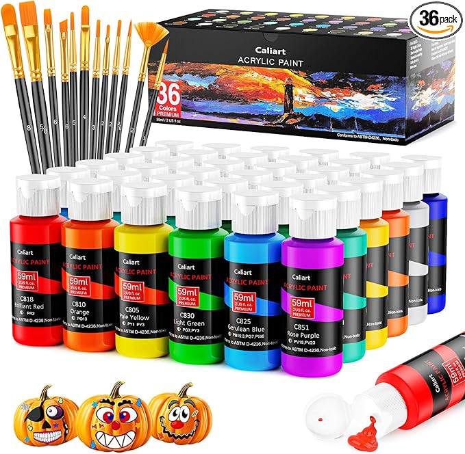 Caliart Acrylic Paint Set with 12 Brushes, 36 Colors Art Craft Paint Kits for Artists Kids Adults Beginners, Rich Pigments Non-toxic, Canvas Ceramic Wood Rock Painting Supplies