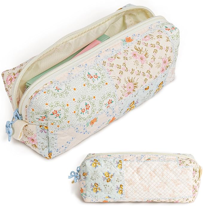 Cute Quilted Pencil Case for Women, Aesthetic Small Floral Pencil Pouch, Slim Soft Pencil Bag for Stationery Supplies & Daily Use（Blue Patchwork）