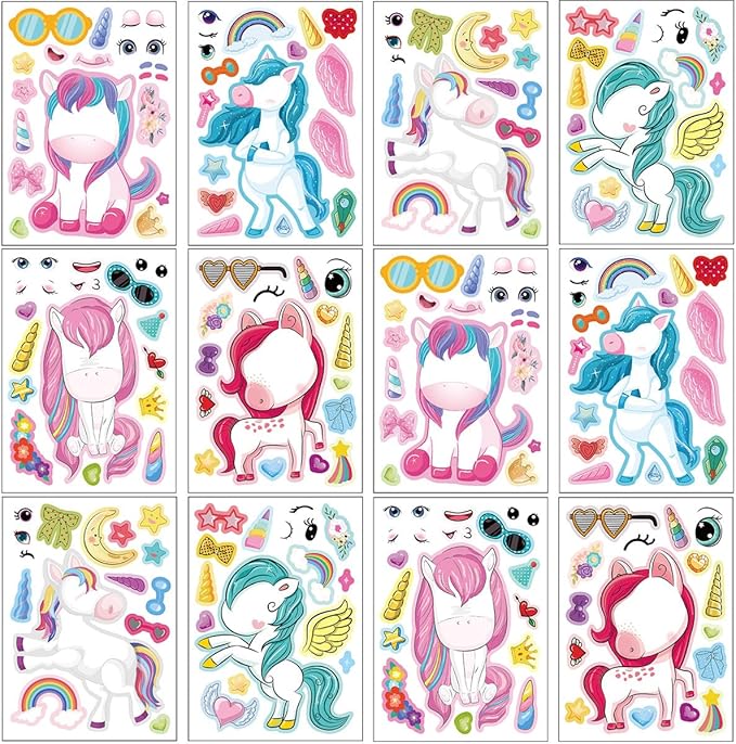 24 Sheets 8.27''×5.9'' Make Your Own Unicorns Stickers for Kids Toddlers, Make a Face Stickers for Kids Party Favors Activities
