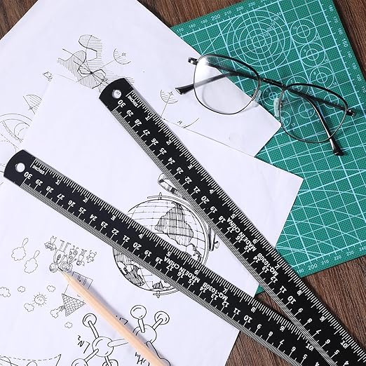 2 Pack Metal Ruler, 12 Inch Black Straight Edge Rulers Metric Ruler Laser Engraved Dual Scale Aluminum Rulers with Millimetre, Inches Conversion Table for Office Drafting Geometry Crafting
