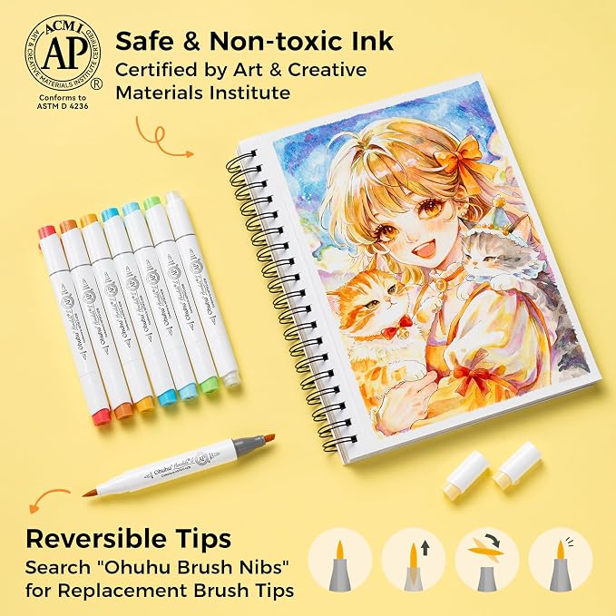 Ohuhu Alcohol Markers 48 Colors Brush& Soft Chisel AP Certified Refillable