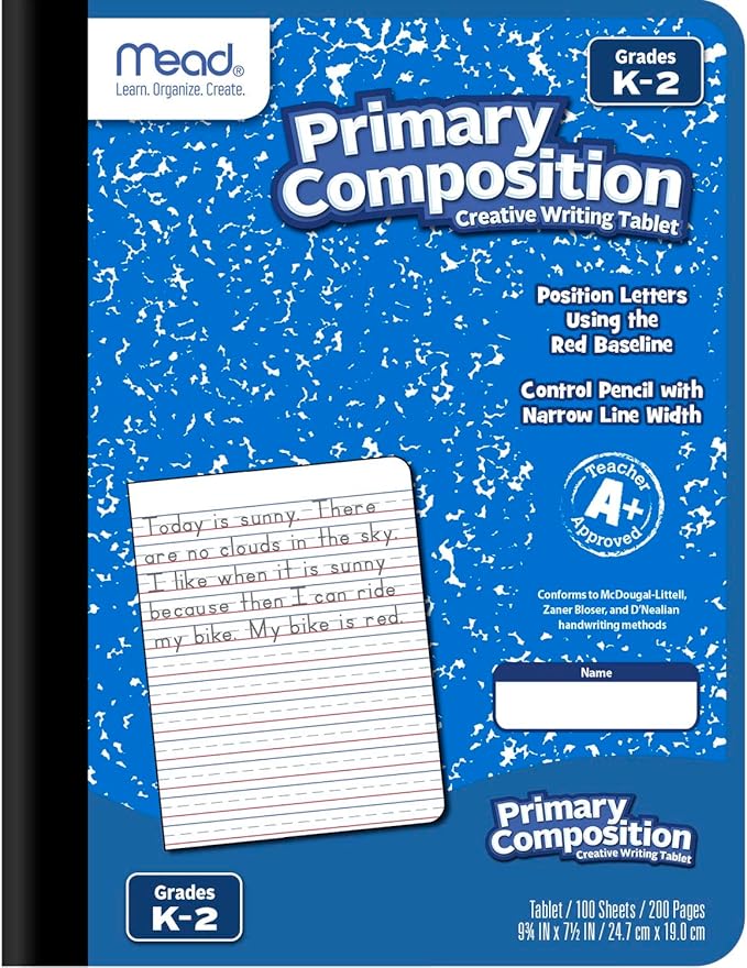 Mead Primary Composition Book, Primary Ruled Journal, Grades K-2, 7-1/2" x 9-3/4", 100 Sheets per Comp Book, Colors Will Vary, 12 Pack (610054-ECM)