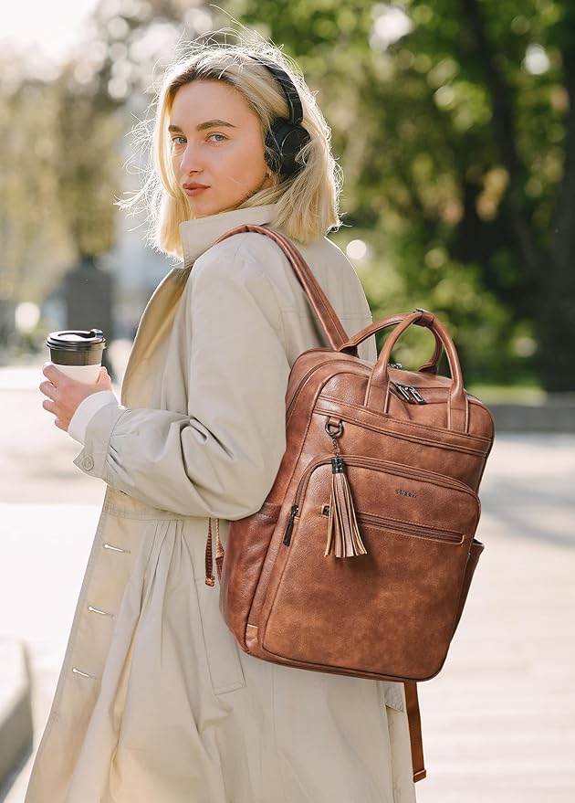 Shrrie Laptop Backpack for Women 15.6 inch Travel Leather Backpack Purse Work Computer Backpacks for Business College Brown