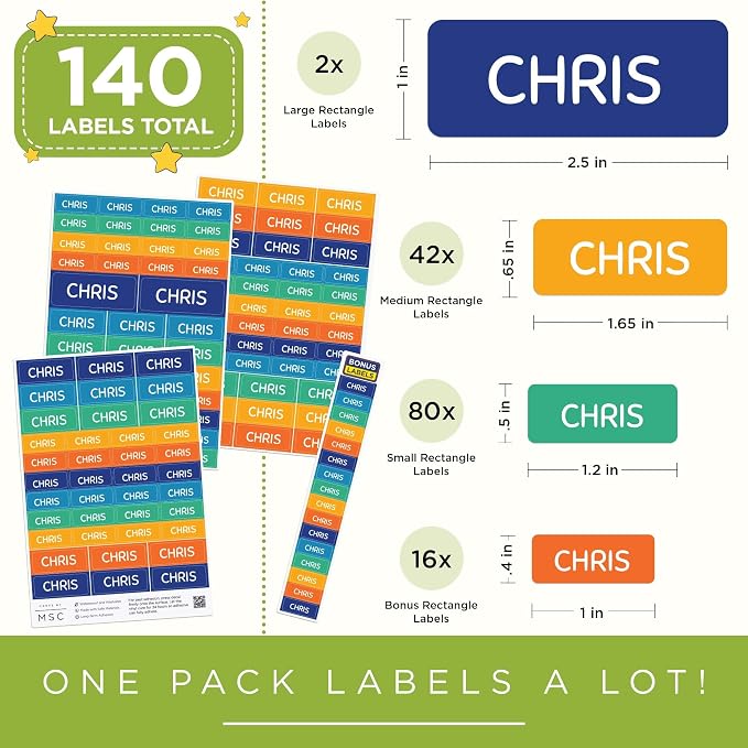 Personalized Daycare Name Washable Labels for Kids, (140 Pack) Waterproof Custom Name Stickers for Clothing Tags, Lunch Boxes and School Supplies, Made in USA by MSC -Horizon