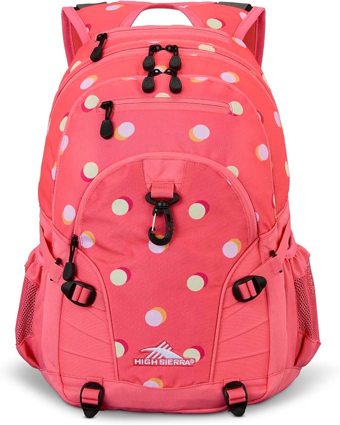 High Sierra Loop Backpack, Travel, or Work Bookbag with tablet sleeve, One Size, POLKA DOTS/THRIFT PINK