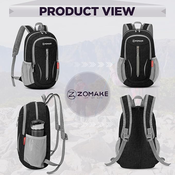 ZOMAKE Lightweight Packable Backpack, 10L Small Foldable Daypack for Hiking | Water Resistant Collapsible Backpacks for Women Men, Everyday Carry, Multi Compartment Storage, Adjustable Strap(Black A3)