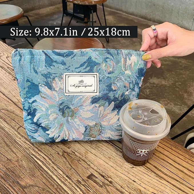 STARDW Cute Floral Makeup Bag Organizer Travel Cosmetic Pouch for Women | Aesthetic Cosmetic Bag with Zipper, Large Capacity Travel Toiletry Bag, Purse Organizer Pouches, Canvas Lining