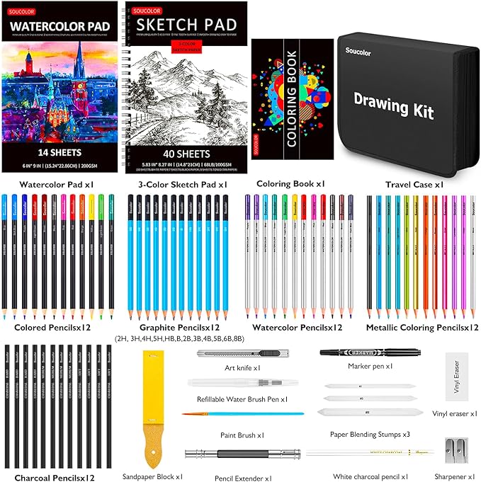 Soucolor Art Supplies, 76 Pack Drawing Set Sketching Kit, Gifts Box for Artist Adult : 3-Color SketchBook, Watercolor Pad, Coloring Book, Charcoal Colored Watercolor Metallic Pencils
