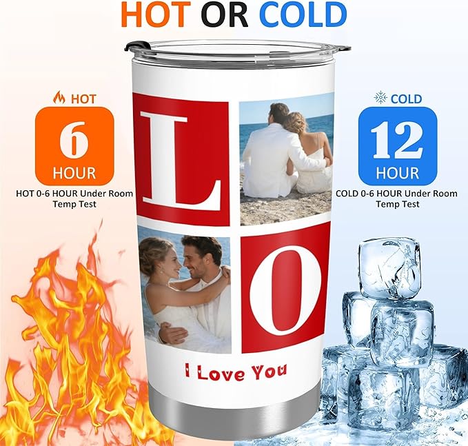 Personalized Tumbler Custom Vacuum Insulated Travel Mug Customizable Coffee Cup with Your Photos and Text Christmas Birthday Gift (LOVE-4 Photos)