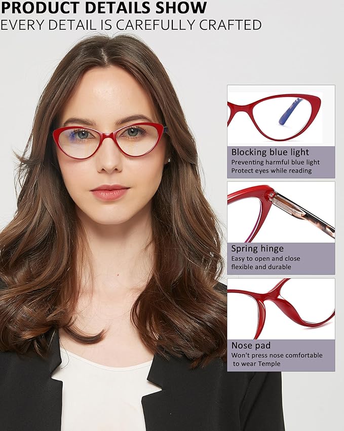 EYEURL 4-Pack Cat Eye Reading Glasses for Women- Blue Light Blocking Readers with Spring Hinges,Anti-Glare/UV Rays Reading Glasses,1.25