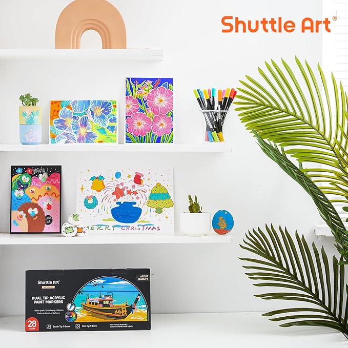 Shuttle Art 28 Colors Dual Tip Acrylic Paint Markers, Brush Tip and Dot Tip Acrylic Paint Pens for Rock, Ceramic, Wood, Canvas, Plastic, Glass, Stone, Calligraphy, Card Making, DIY Crafts