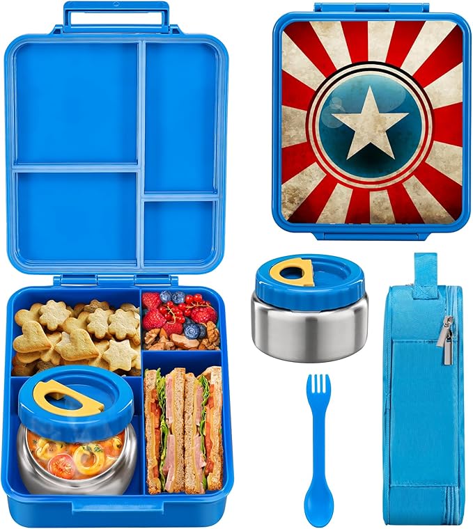 MAISON HUIS Bento Lunch Box for Kids With 8oz Soup Thermo, Leakproof Lunch Containers with 4 Compartment Bento Box, Thermo Food Jar and Lunch Bag, BPA Free,Travel, School(Striped Star)