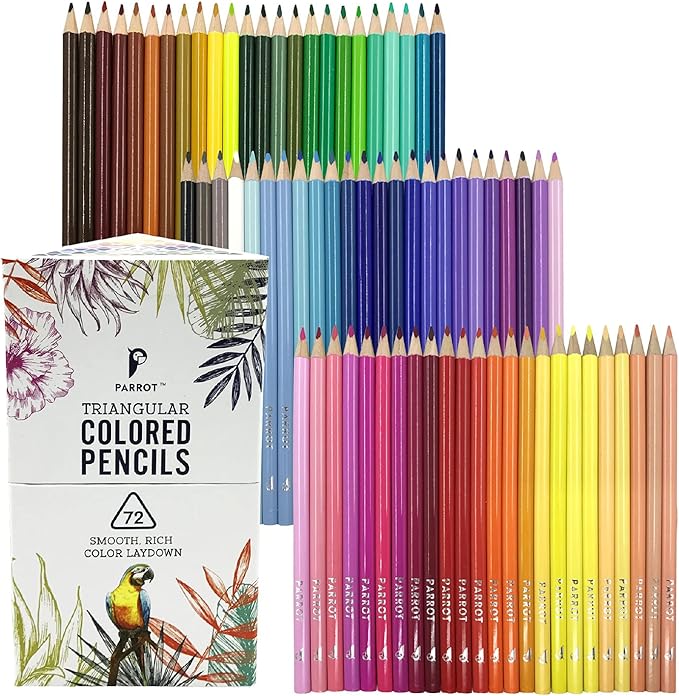 PARROT Premier 72ct Wooden Colored Pencils, Soft Core, Triangular-Shaped, Pre-Sharpened, for Artists, Adult & Kids Coloring Book, Perfect for Drawing, Coloring, Blending, and Shading