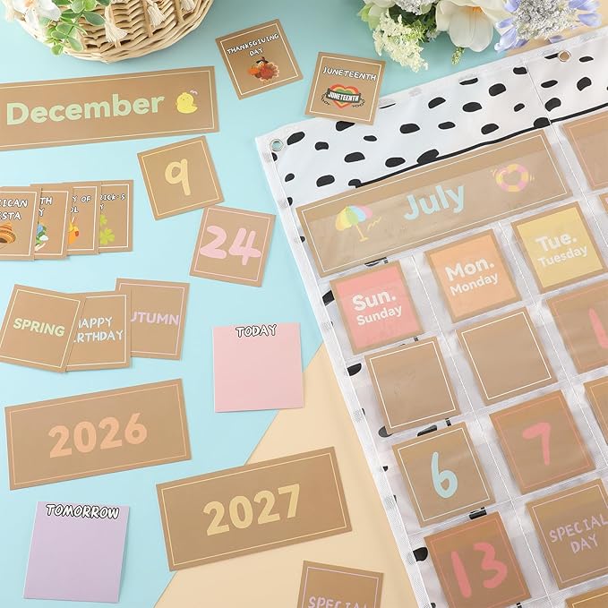 Weysat Classroom Calendar Pocket Chart Set Calendar Bulletin Board with Pocket Bulletin Board Season Festival Weather Date Chart for Preschool Elementary School Teacher Supplies(128 Pcs,Boho)