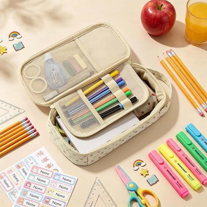 Cute Floral Quilted Pencil Case for Girls, Large Aesthetic Pen Pouch with Handle, Multi Compartment Stationery Organizer, Portable Travel Cosmetic Makeup Bag Back to School