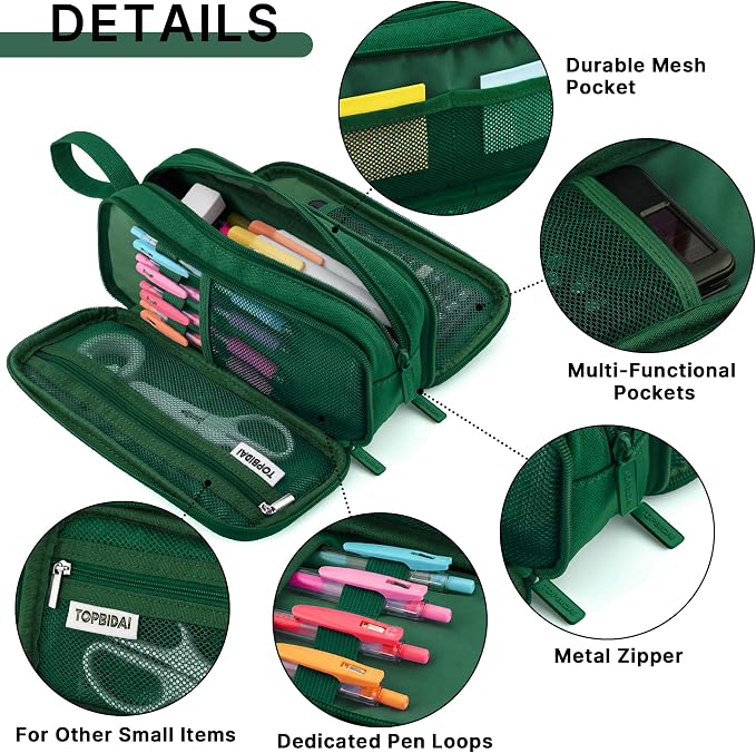 TOPBIDAI Large Pencil Case Pouch for Girls Boy Women Men Adults | Big Capacity Canvas Pencil Bag, Office School Supplies, Multi Compartment Zipper Stationery Pen Box(Dark Green)