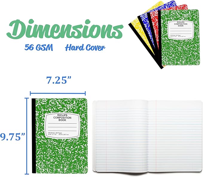 Composition Notebook College Ruled Composition Notebooks Bulk Marble Hard Cover Wide Ruled Notebook Paper Note Books For Schools Marble Composition Books 100 Sheets 200 Pages 9.75” x 7.25” (4 Pack, Multi Color)
