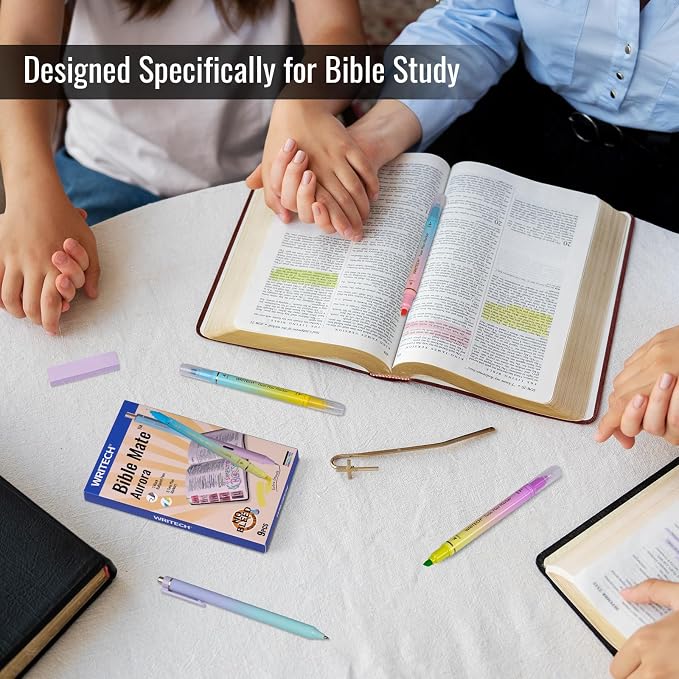WRITECH Bible Mate Journaling Set: Highlighters & 1.0mm Ballpoint Pens 9ct | No Bleed Bible-Safe Dual Tip Highlighters + Black Pens Pastel Colors Quick Dry Ink Teachers Nurses Office