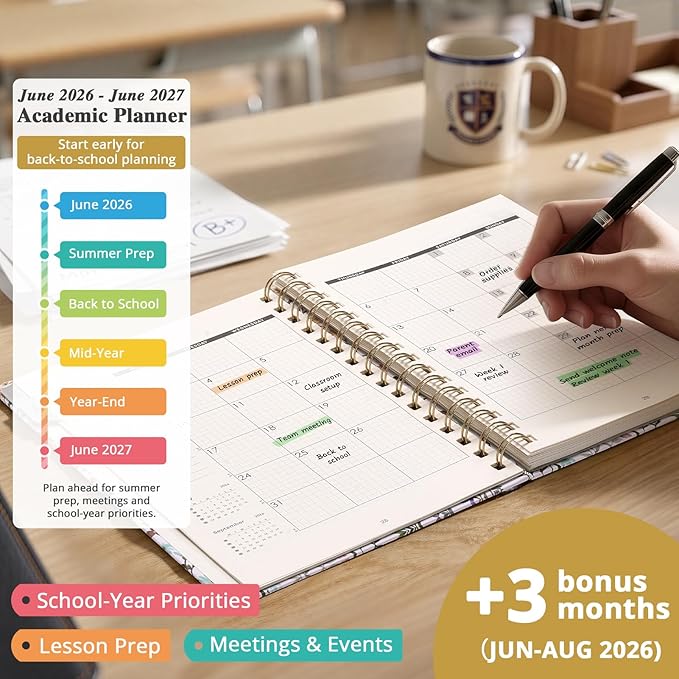 JoyCat 13-Month Academic Planner 2026-2027, June 2026 - June 2027, A5 Weekly & Monthly Planner, Hardcover Agenda with Tabs, 5 Sticker Sheets, Elastic Closure & Pocket for Teachers & Students, 6.3" x 8.5", Wildflower