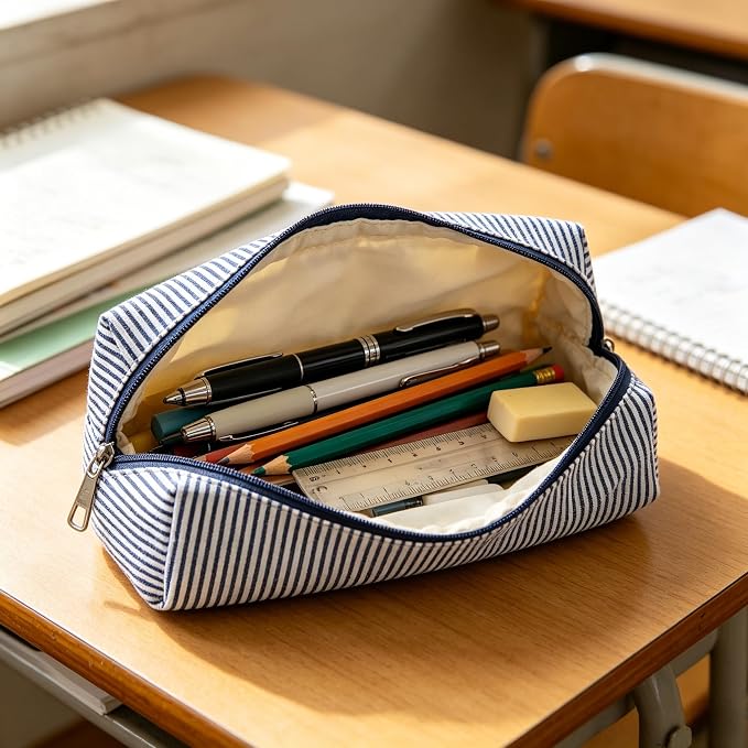 Pencil Case, Pencil Pouch for Women, Pencil Case Small, Pencil Pouch Aesthetic (Striped navy blue)