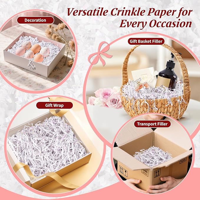 CANIYA 2.2 LB Iridescent Crinkle Cut Paper Shred Filler, Shredded Paper Filling for Gift Basket, Filler Paper for Birthday, Wedding, Anniversaries (Diamond White)