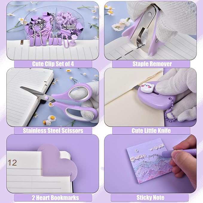 Purple Desk Accessories, 26Pcs Office Supplies and Desk Organizers, with Tape Dispenser, Stapler, Staple Remover Ect, Gift Box Packaging