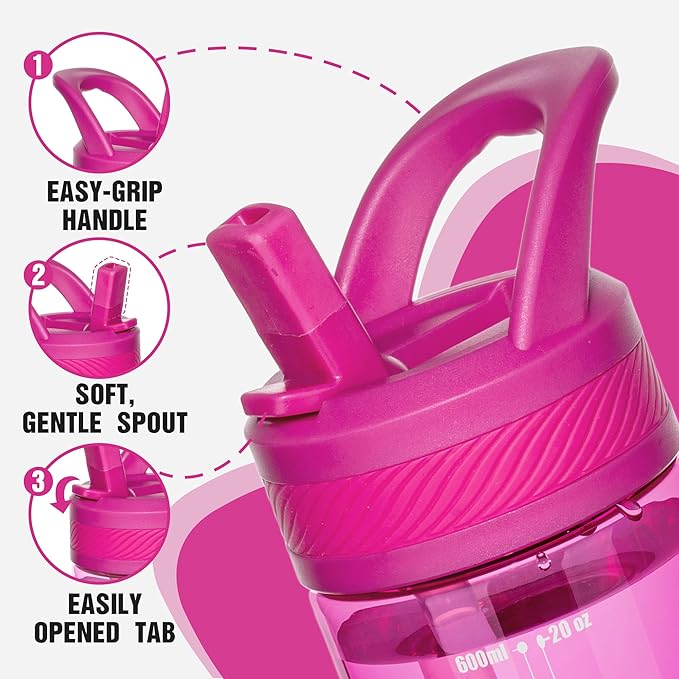 OLDLEY 20oz Kids Water Bottle with Straw, BPA-Free Tritan Water Bottle for School, Leakproof Clear Water Bottle with One Click Open, Measurement Scale, Cup Holder Friendly for Boys Girls,Fuchsia