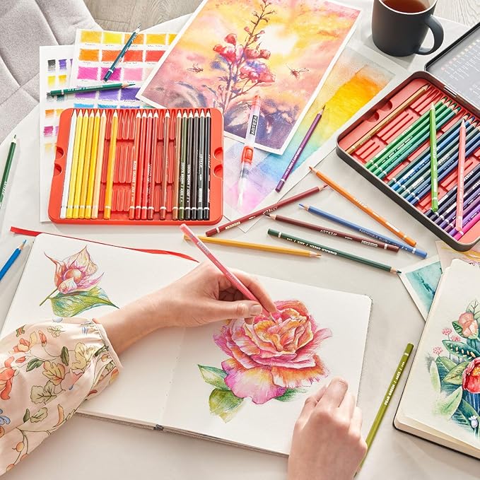 ARTEZA Watercolor Pencils, Set of 48, Water-Soluble Colored Pencils with 4 mm Break-Resistant Core, Pre-Sharpened Tips and Metal Tin for Drawing, Shading, Blending, and Wet or Dry Techniques