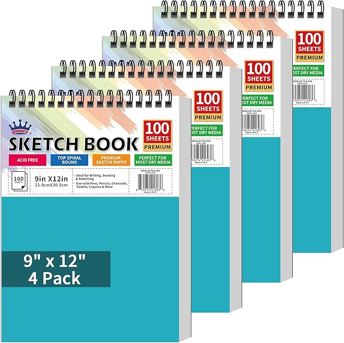 WINNER 9" x 12" Sketch Book 4 Pack, 400 Sheets Spiral Bound Art Sketchbook, 68lb/100gsm White Acid Free Drawing Pad, Sketching Doodling Drawing Writing Sketch Pad, Art Supplies for Back to School