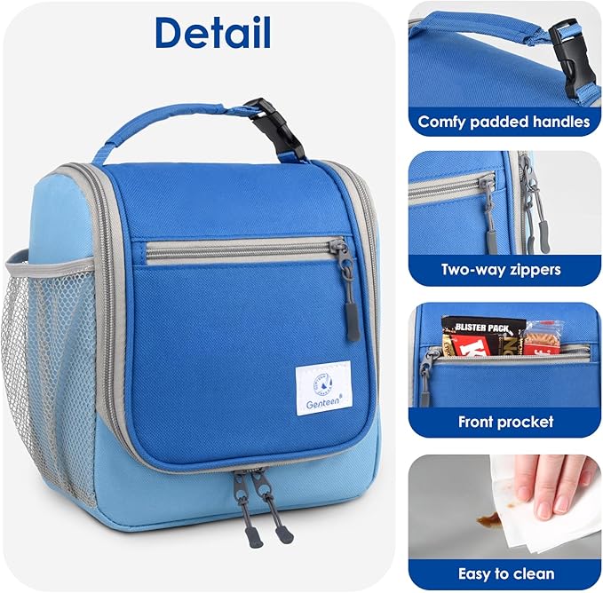 Genteen Kids Lunch Box, Insulated Lunch Bag for Kids, Toddler, Girl, and Boy; Holds Lunch Box, Water Bottle, & Snacks; Easy-Clean Water-Resistant Fabric & Multiple Zippered Pockets(Blue)