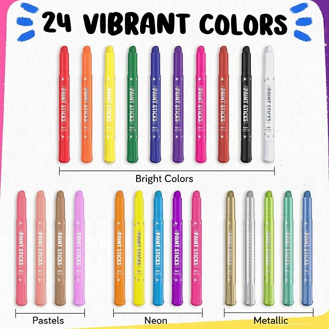 24 Thin Tempera Paint Sticks for Kids Washable (Coloring Book incl) | Non-Toxic Markers for Toddlers 1-3 | Works on Paper, Canvas, Wood, Cardboard - Painting Crayons, Art and Craft Supplies