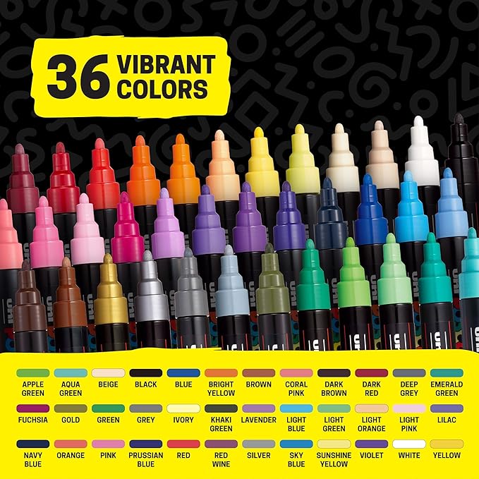 POSCA PC-5M Water-Based Paint Markers, Medium Point (1.8-2.5mm), Assorted Colors, 36 Pack with Display Caddy