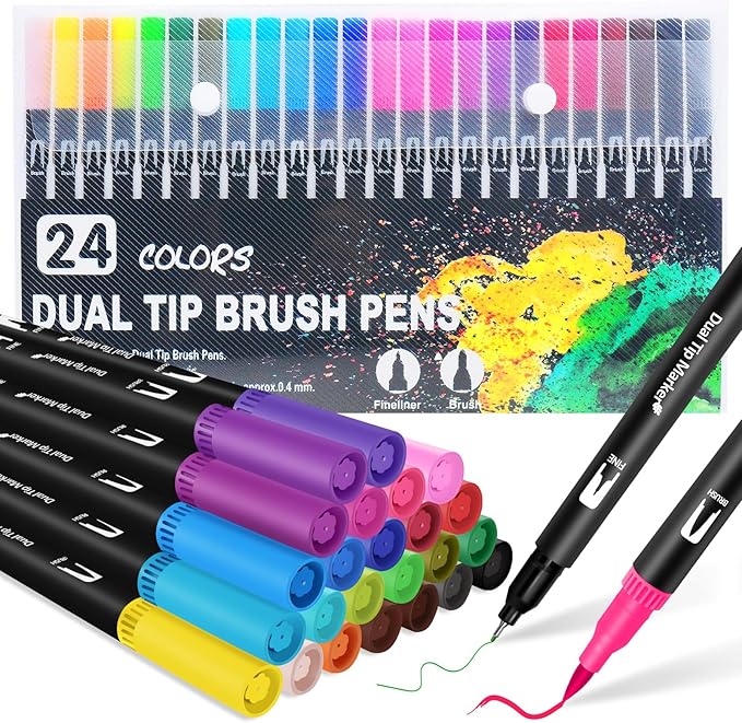Halobios Dual Brush Marker Pens, 24 Colors Art Markers with Fine and Brush Tip Coloring Markers for Adults, Marker for Journaling Calligraphy Drawing Sketching Doodling Illustrating