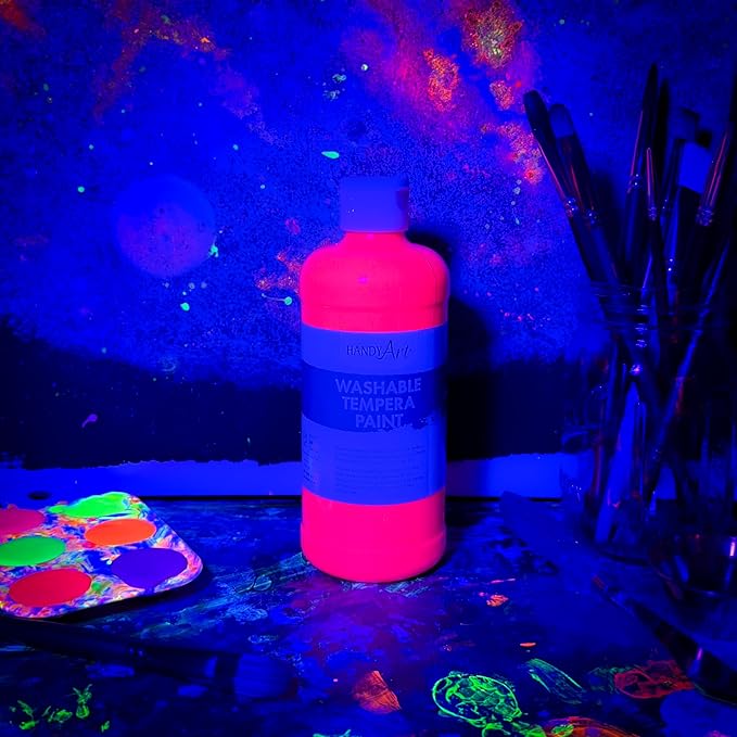 Handy Art Washable Tempera Paint, Fluorescent Pink, 16 oz Bottle, Bright & Mixable, High Opacity, Glows UV Neon with Blacklight, Students, Kids, Young Artists, Safe & Non-Toxic, Made in USA