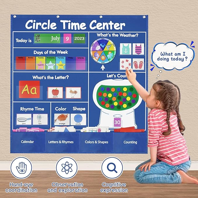 Circle Time Learning Center-Montessori Toy for 3 4 5 Year Old Pocket Chart Calendar Set Learning Calendar Weather,Alphabet,Counting Number,Color,Classroom Calendar Pocket Chart for Homeschool Supplies