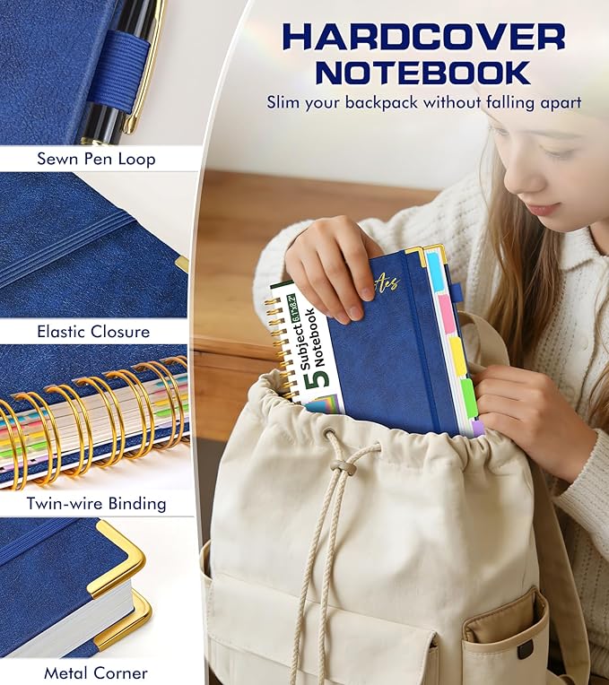 PAPEJOON 5 Subject Spiral Notebook Journal with Removable Dividers Tabs, 300 Pages Organizer Notebooks for Work School, A5 Hardcover Leather Notebook College Ruled, Lined Journal for Women Men，Navy