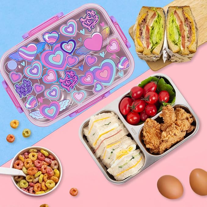 Stainless Steel Bento Lunch Box for Kids, 800ml/27oz BPA-Free Leak-Proof Food Containers with 3 Compartments, Freezer & Dishwasher Safe, Back to School Students Lunches Size for Ages 3-7