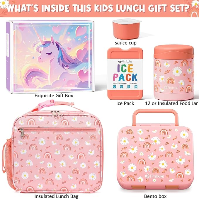 Fimibuke Bento Lunch Box for Kids Toddler Girl with 12OZ Insulated Food Jar | 3-Compartment 32OZ Snack Lunch Container Bento Box, Lunch Bag & Ice Pack Set for Age 3-12 School Daycare Camp, Rainbow Daisy