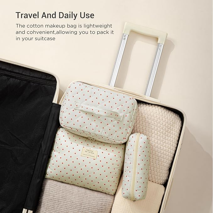 HBselect Quilted Makeup Bag, 3Pcs Cotton Large Travel Makeup Bags Organizer | Cute Floral Make up Bag Cosmetic Bag Toiletry Bag for Women Girls, Makeup Pouch for Skincare, Brushes & Travel Essentials