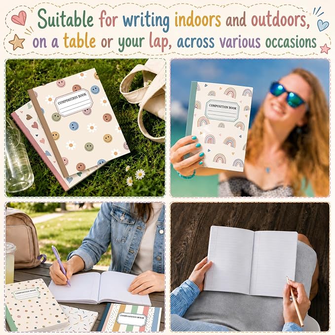 6 Pack Large Composition Notebooks Bulk 9.8 × 7.5 in Wide Ruled Hard Cover Composition Book Assorted Marble Journal College Ruled Paper for Adult Student College Office Back to School Supplies(Boho)