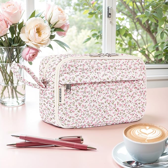 WOBAGMEN Quilted Pencil Pouch for Girls Women, Large Pencil Case Pouch with Compartments Cute Aesthetic Pencil Case Organizer, Floral Pencil Bag for School Supplies (pink floral)