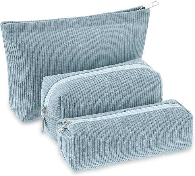 Huhumy 3 Pcs Makeup Bag Set for Women Corduroy Cosmetic Pouch Aesthetic Smile Travel Toiletry Bag Cute Purse Pouch Pencil Case Makeup Brushes Storage Organizer with Zipper(Blue,Solid Style)