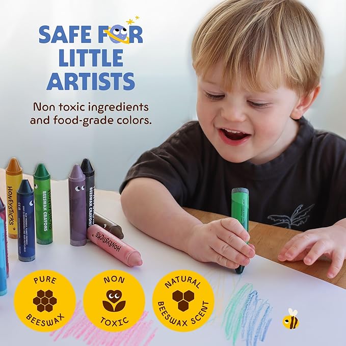 Honeysticks Super Jumbo Crayons (12 Pack) - 100% Pure Beeswax, Non Toxic Crayons for Toddlers 1-3, Extra Large Crayon Size, Easy to Hold and Use, Unbreakable Toddler Crayon, Eco-Friendly