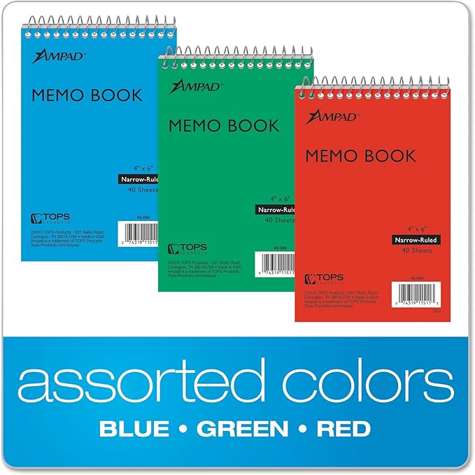 Ampad Efficiency Pocket Notebook, Recycled, 4 X 6 Inches, Single Wire, Top Open, Assorted Covers,3 Notebooks per Pack, Red/Blue/Green (45-094)