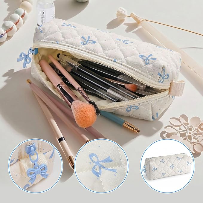 Cute Quilted Pencil Case for Girls Women, Aesthetic Small Floral Pencil Pouch,Slim Soft Pencil Bag for School Supplies Makeup Pouch for School & Daily Use (Blue Mini Bow)